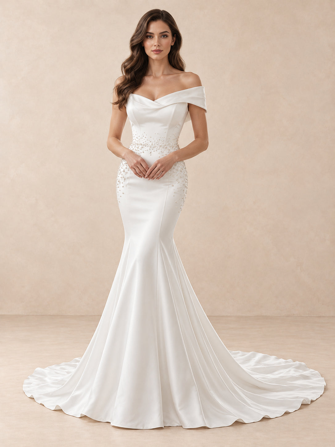 Asymmetrical Off-the-Shoulder Satin Mermaid Wedding Dress with Pearl