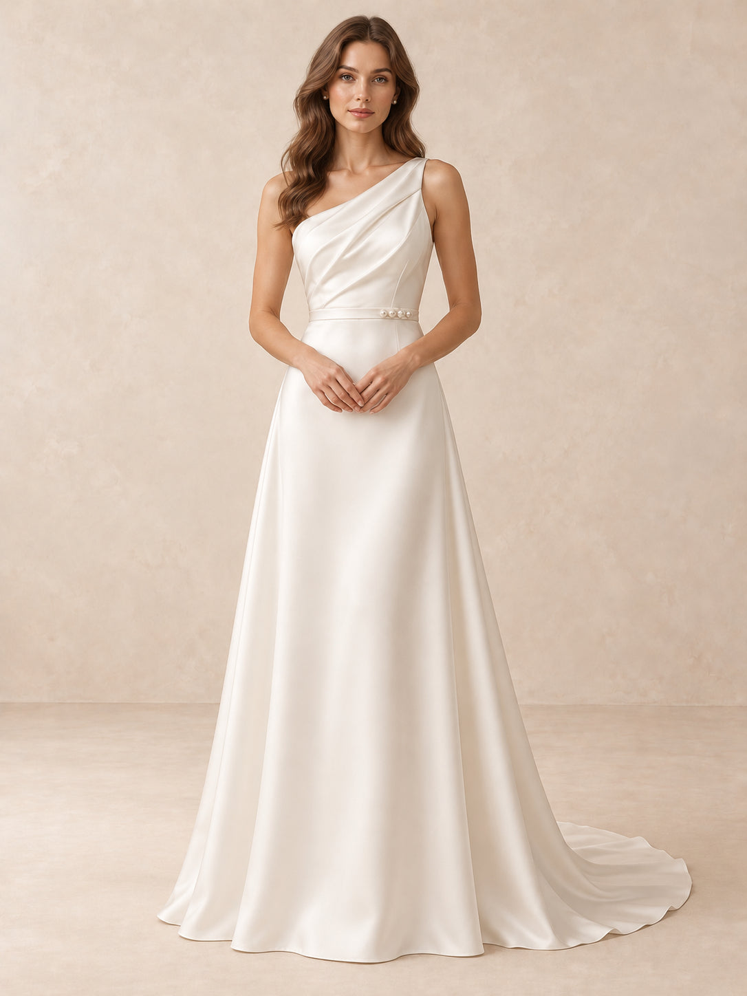 Asymmetrical One-Shoulder Satin Wedding Dress with Pearl Waist Detail