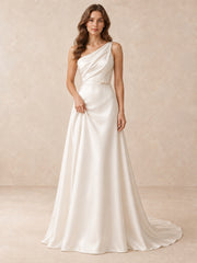 Asymmetrical One-Shoulder Satin Wedding Dress with Pearl Waist Detail