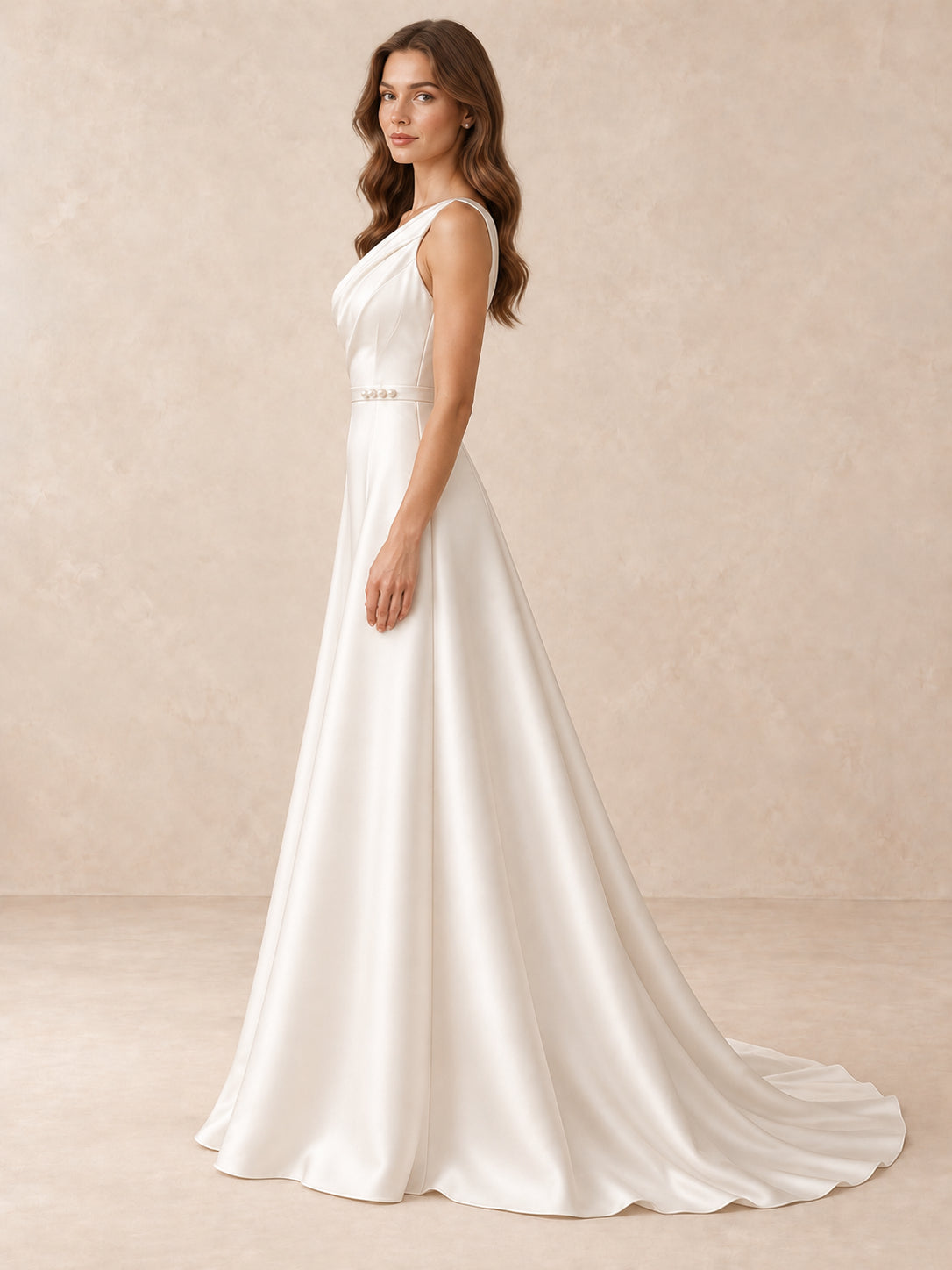 Asymmetrical One-Shoulder Satin Wedding Dress with Pearl Waist Detail