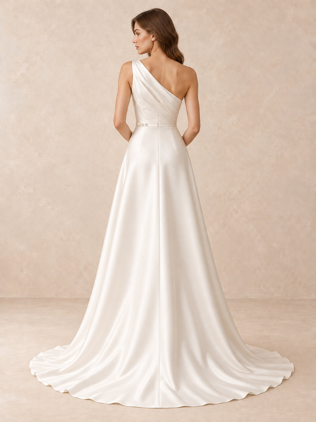 Asymmetrical One-Shoulder Satin Wedding Dress with Pearl Waist Detail