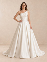 Asymmetrical One-Shoulder Satin Wedding Dress with Sweep Train