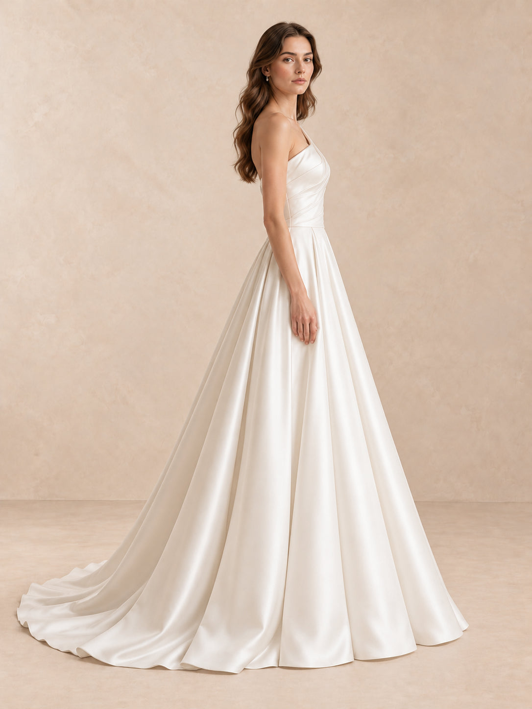 Asymmetrical One-Shoulder Satin Wedding Dress with Sweep Train