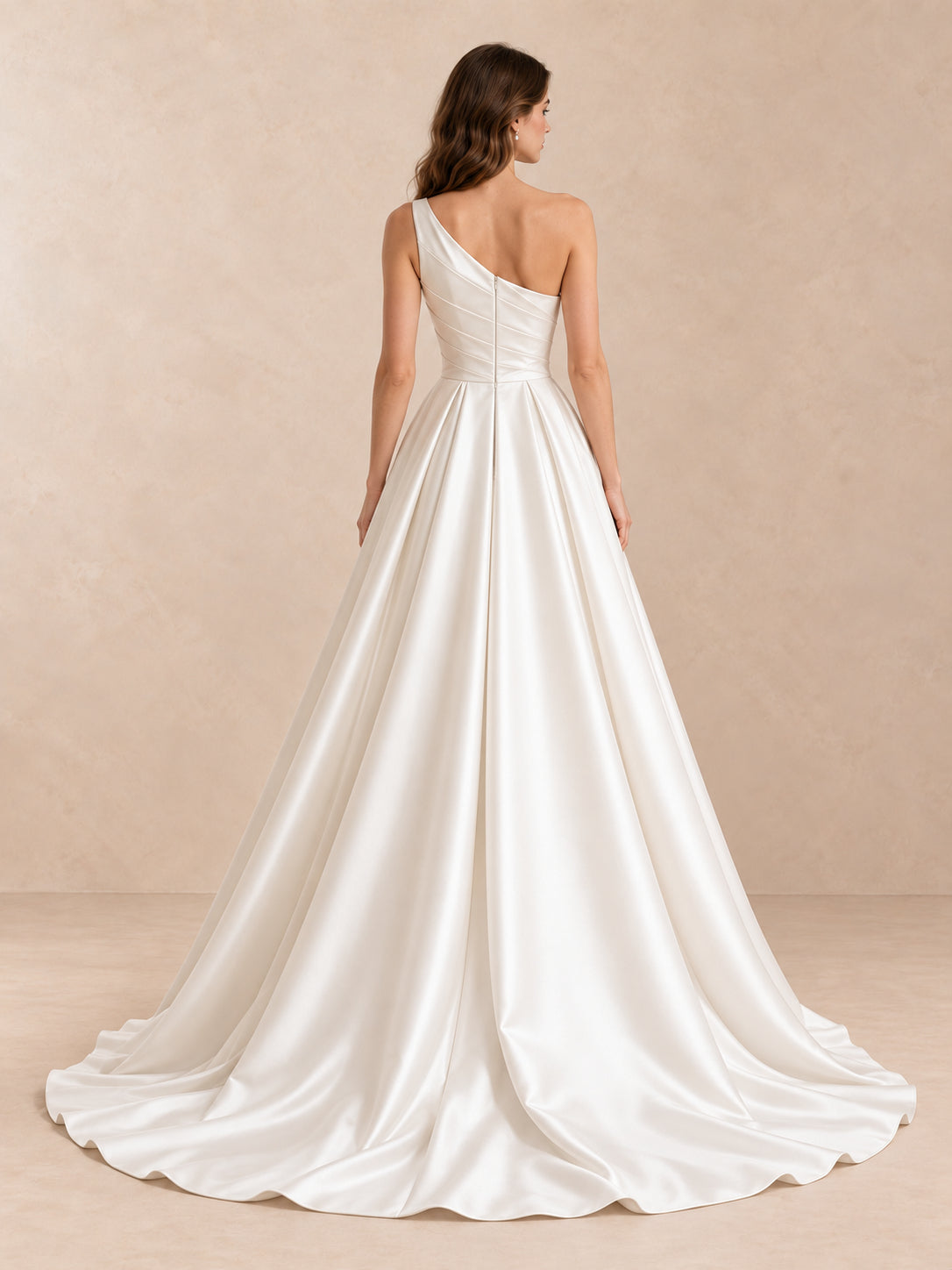 Asymmetrical One-Shoulder Satin Wedding Dress with Sweep Train