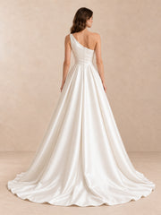 Asymmetrical One-Shoulder Satin Wedding Dress with Sweep Train