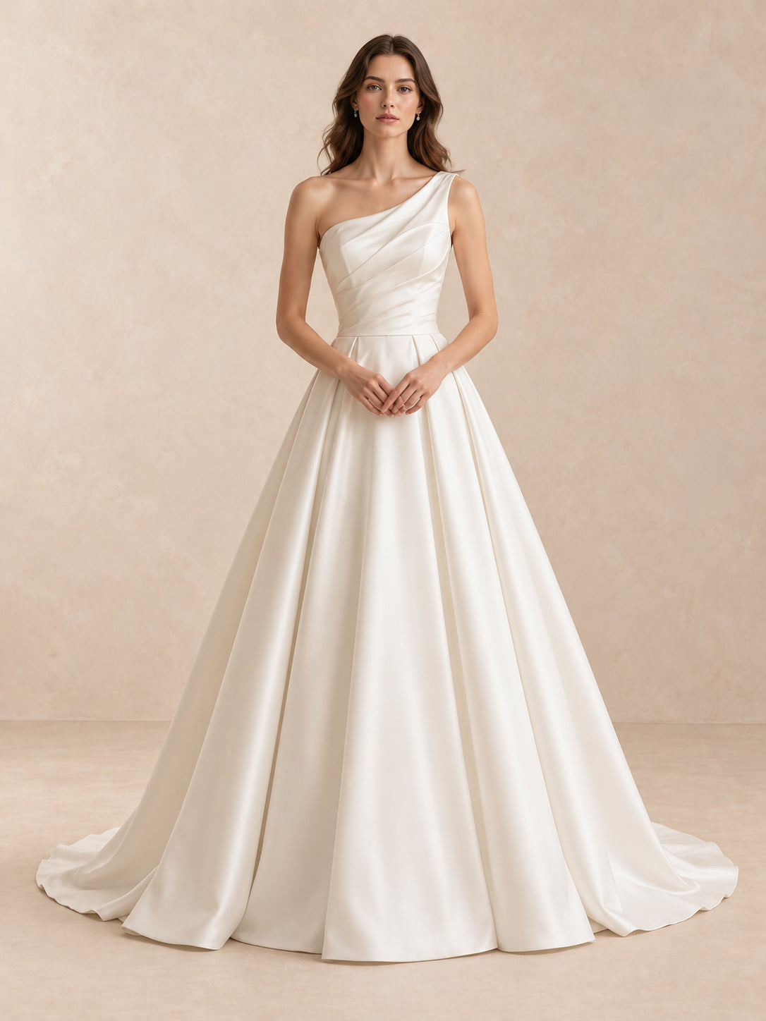 Asymmetrical One-Shoulder Satin Wedding Dress with Sweep Train