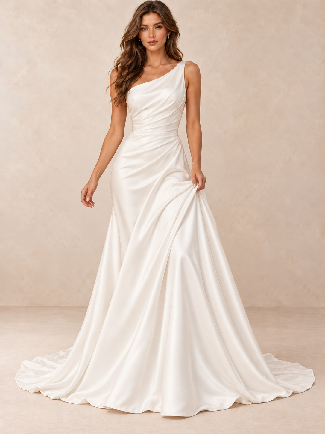 Asymmetrical One-Shoulder Satin Crepe Wedding Dress with Sweep Train