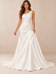 Asymmetrical One-Shoulder Satin Crepe Wedding Dress with Sweep Train