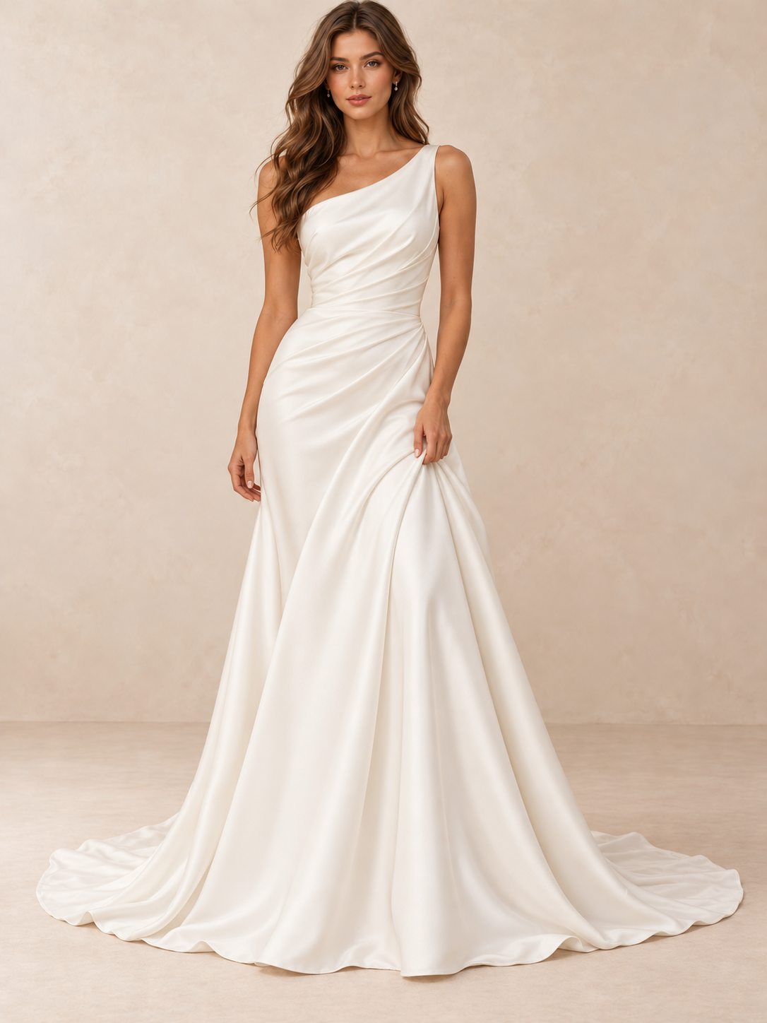 Asymmetrical One-Shoulder Satin Crepe Wedding Dress with Sweep Train
