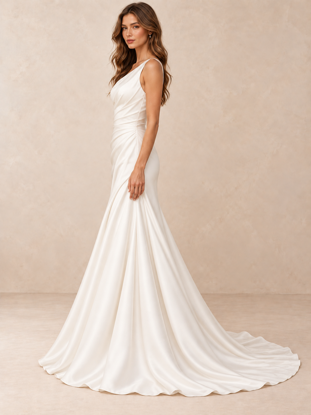 Asymmetrical One-Shoulder Satin Crepe Wedding Dress with Sweep Train