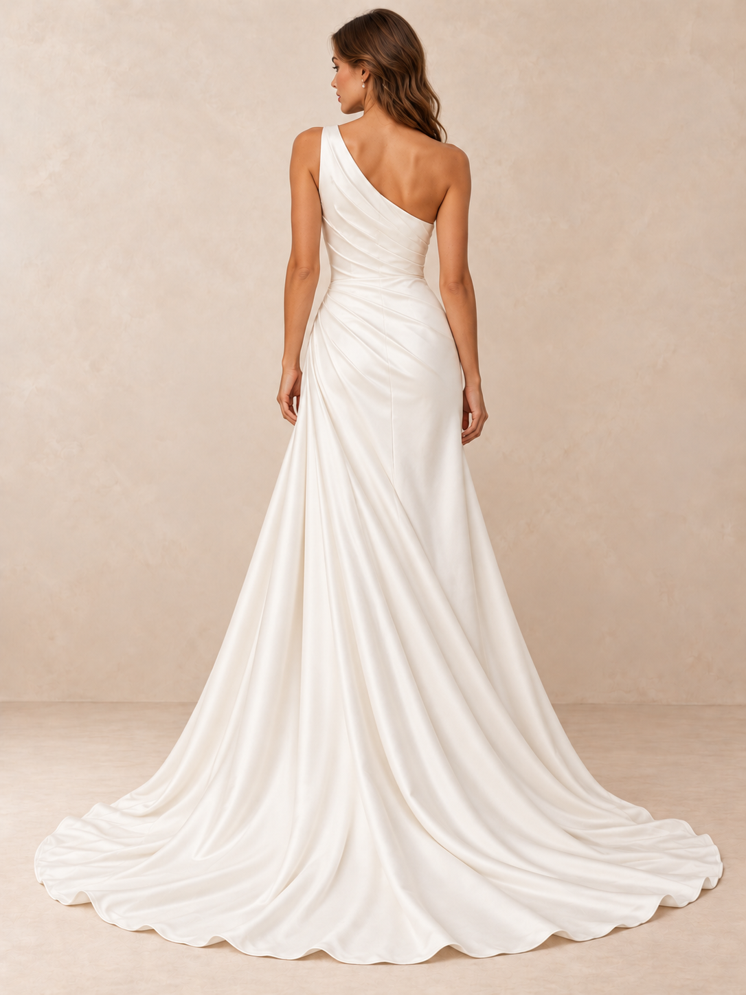 Asymmetrical One-Shoulder Satin Crepe Wedding Dress with Sweep Train