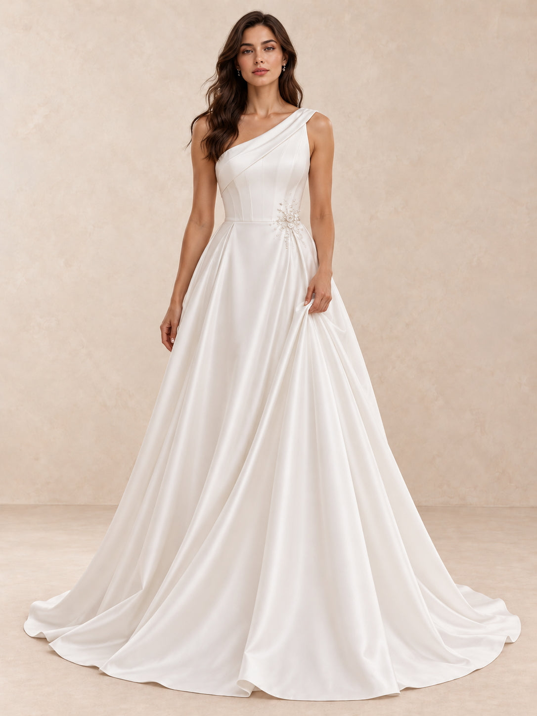 Asymmetrical One-Shoulder Satin Wedding Dress with Pearl-Crystal Detail