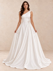 Asymmetrical One-Shoulder Satin Wedding Dress with Pearl-Crystal Detail