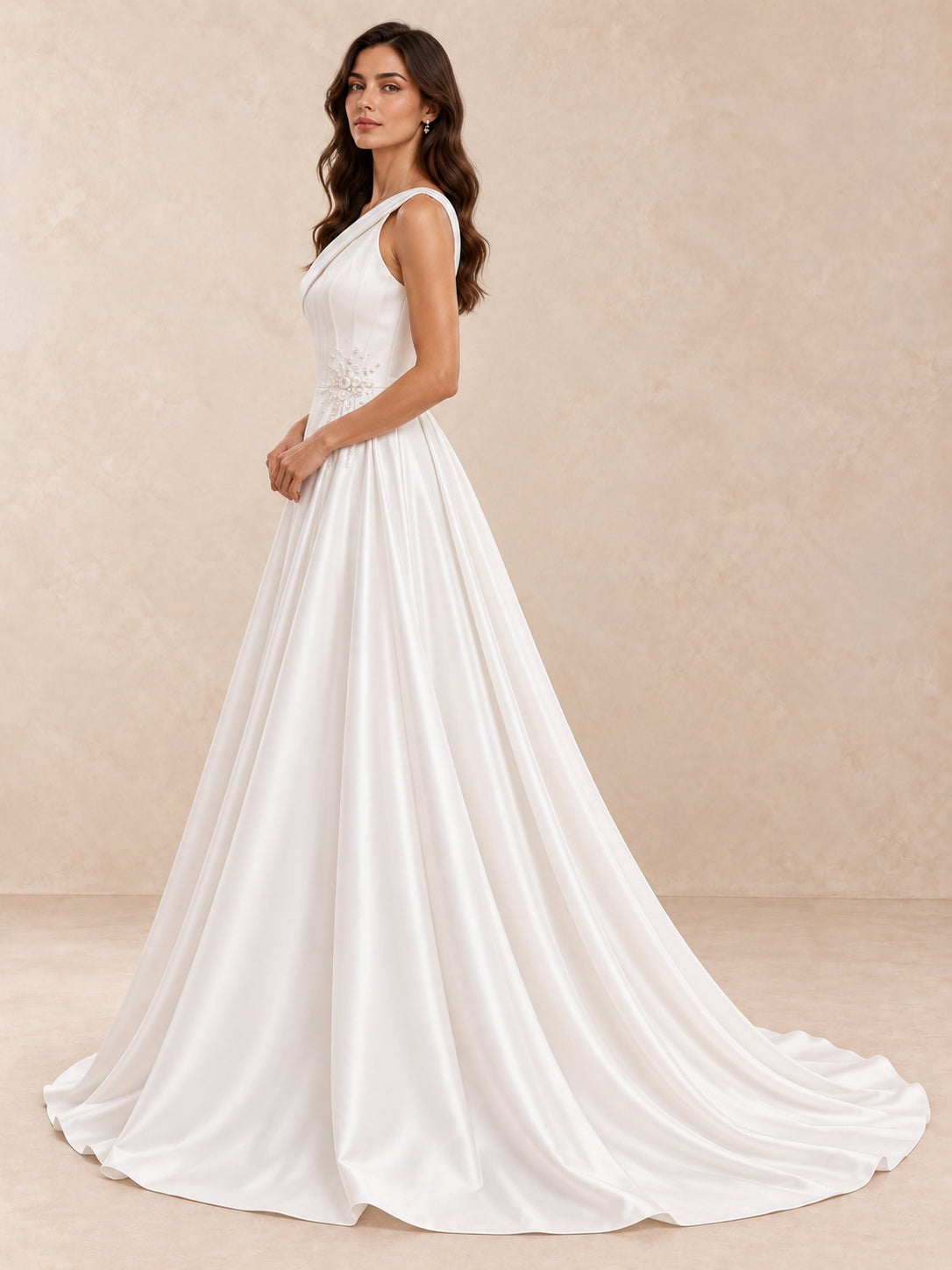 Asymmetrical One-Shoulder Satin Wedding Dress with Pearl-Crystal Detail