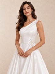 Asymmetrical One-Shoulder Satin Wedding Dress with Pearl-Crystal Detail
