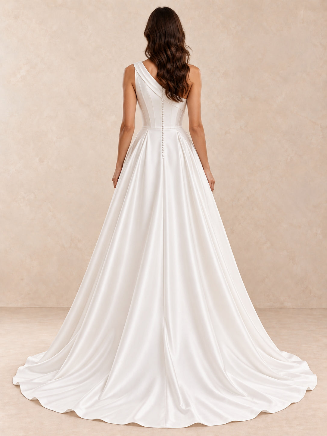 Asymmetrical One-Shoulder Satin Wedding Dress with Pearl-Crystal Detail