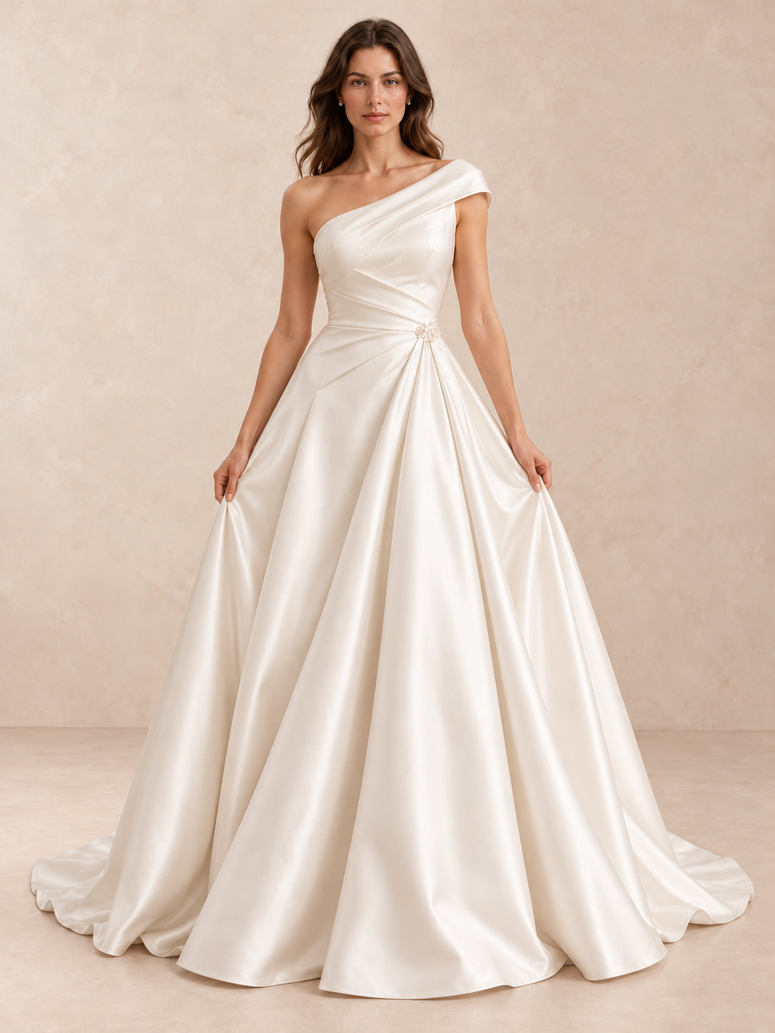 Asymmetrical One-Shoulder Satin Wedding Dress with Pearl Accents