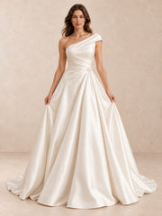 Asymmetrical One-Shoulder Satin Wedding Dress with Pearl Accents