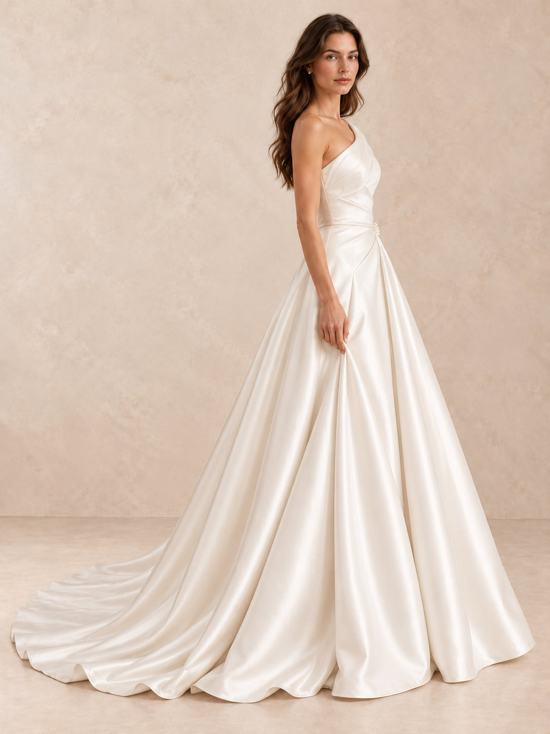 Asymmetrical One-Shoulder Satin Wedding Dress with Pearl Accents