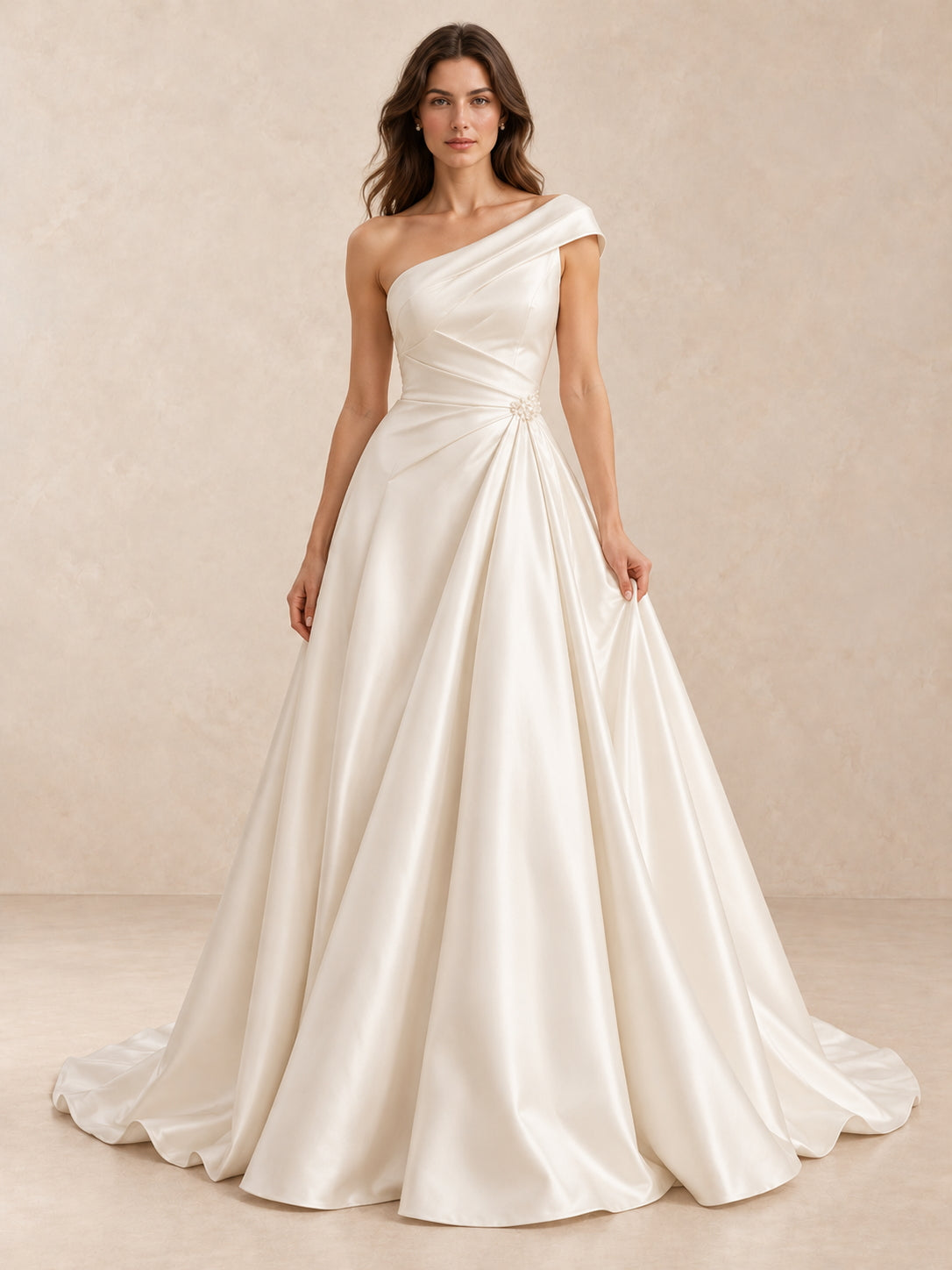 Asymmetrical One-Shoulder Satin Wedding Dress with Pearl Accents