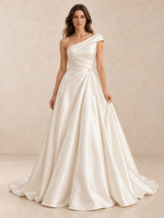 Asymmetrical One-Shoulder Satin Wedding Dress with Pearl Accents
