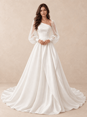 Asymmetrical One-Shoulder Satin Wedding Dress with Sheer Long Sleeves
