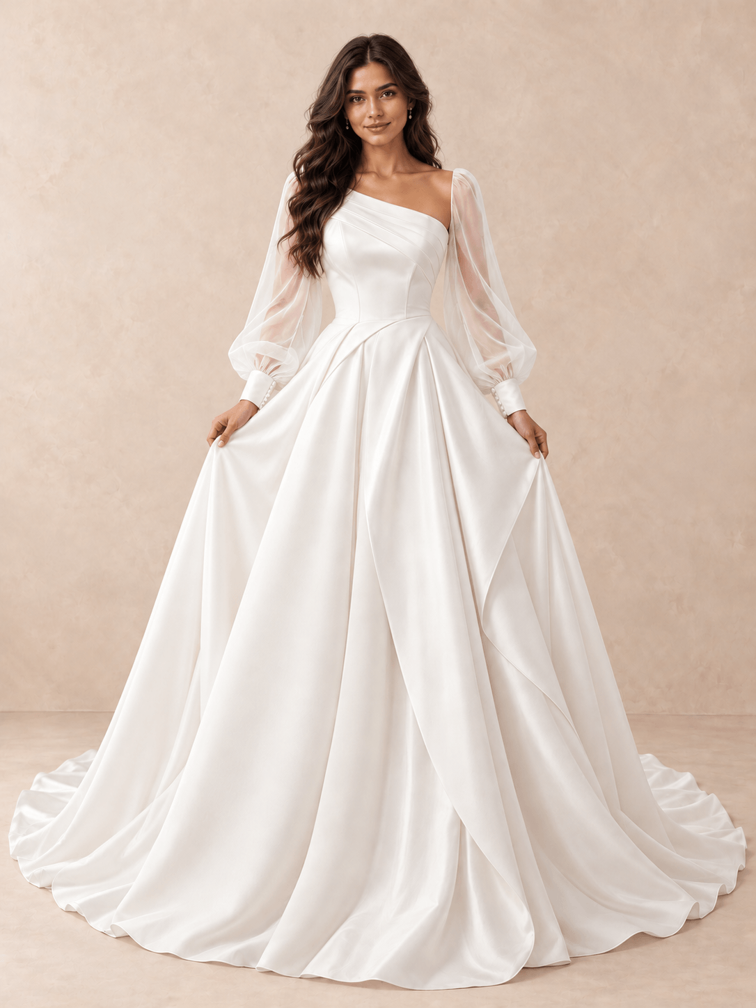 Asymmetrical One-Shoulder Satin Wedding Dress with Sheer Long Sleeves