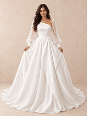 Asymmetrical One-Shoulder Satin Wedding Dress with Sheer Long Sleeves