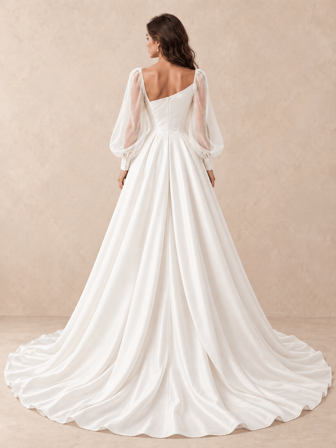 Asymmetrical One-Shoulder Satin Wedding Dress with Sheer Long Sleeves