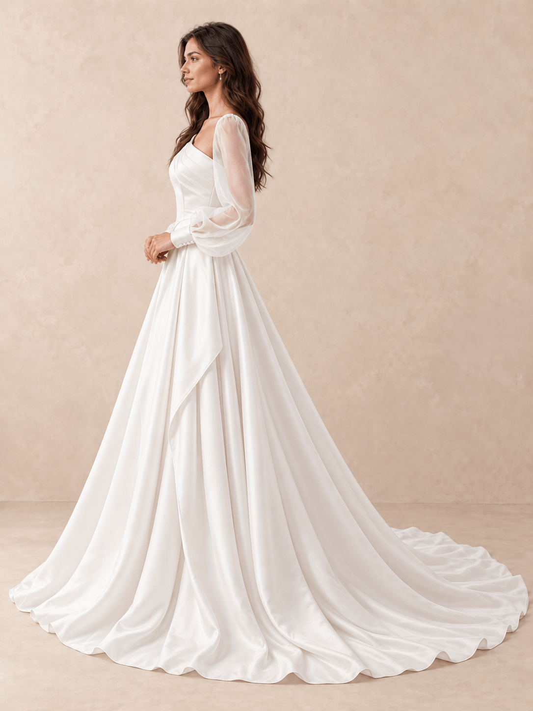 Asymmetrical One-Shoulder Satin Wedding Dress with Sheer Long Sleeves