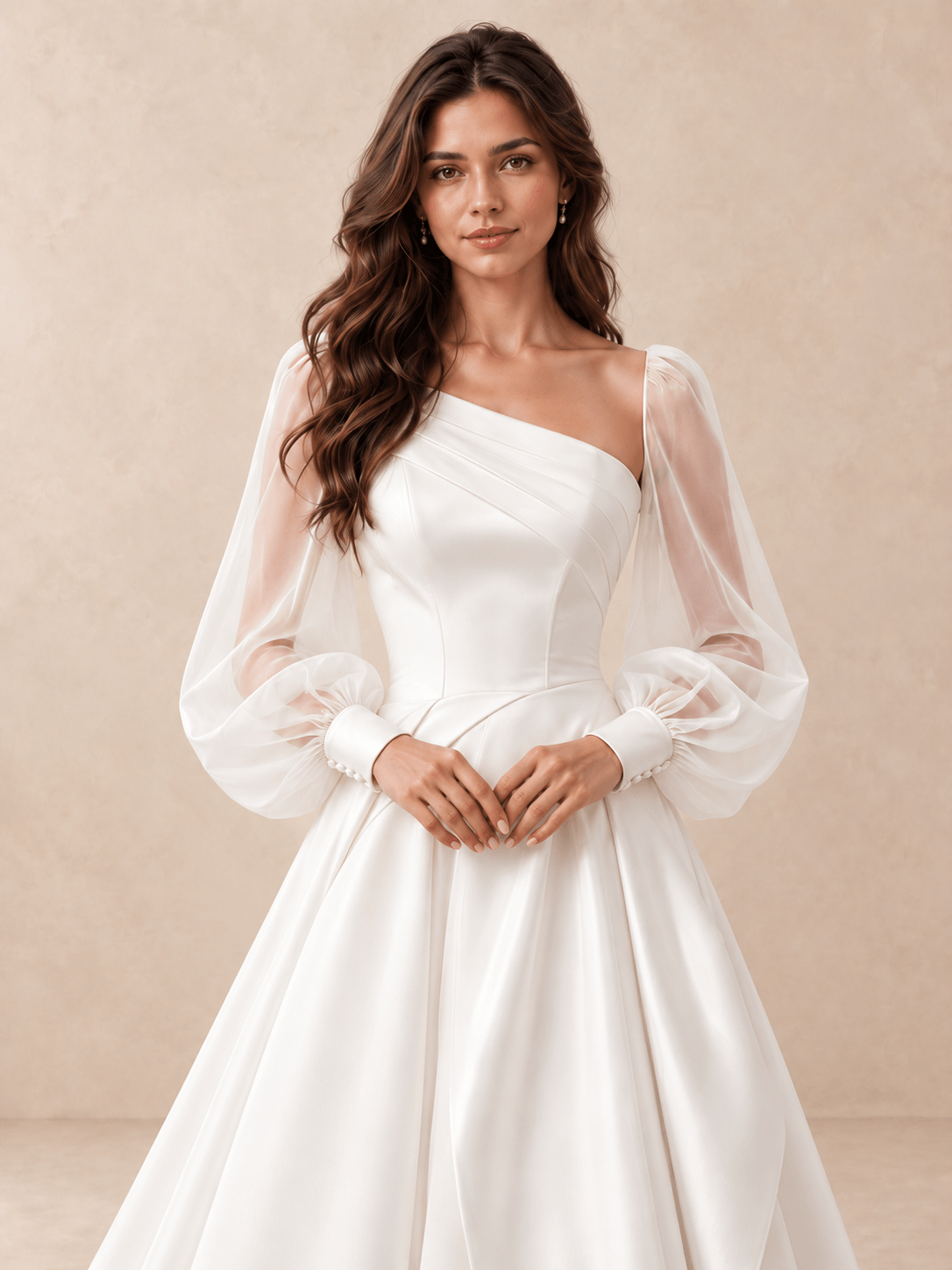 Asymmetrical One-Shoulder Satin Wedding Dress with Sheer Long Sleeves