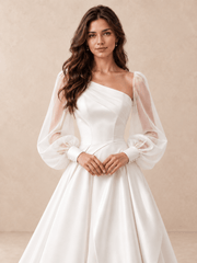 Asymmetrical One-Shoulder Satin Wedding Dress with Sheer Long Sleeves