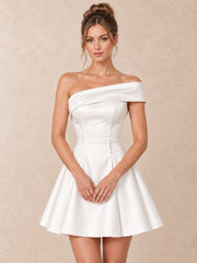 Asymmetrical One Shoulder Satin Mini Wedding Dress with Pearl