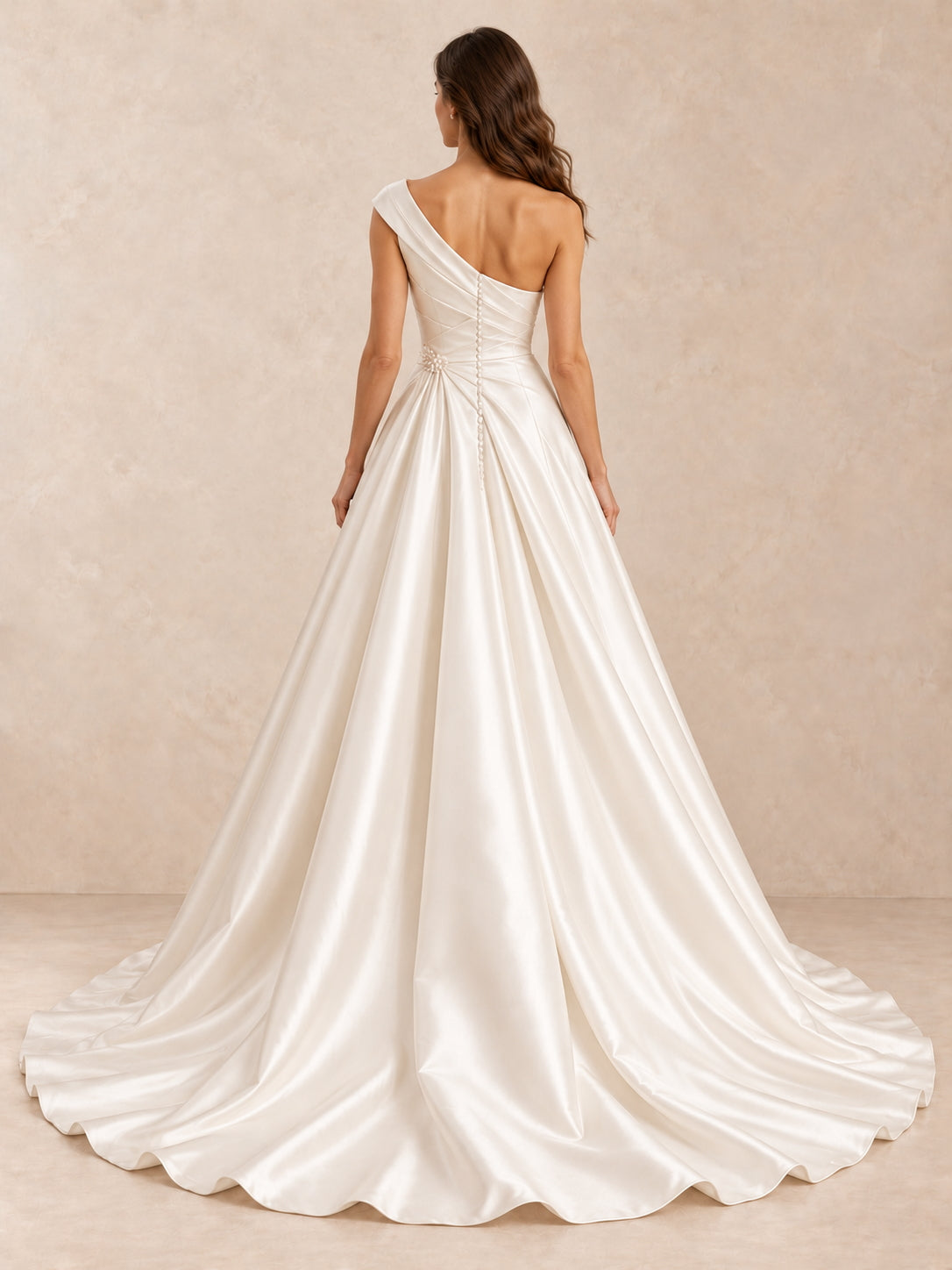 Asymmetrical One-Shoulder Satin Wedding Dress with Pearl Accents