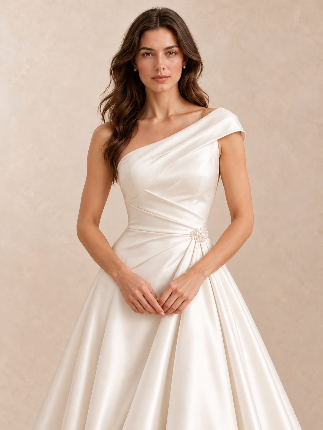 Asymmetrical One-Shoulder Satin Wedding Dress with Pearl Accents
