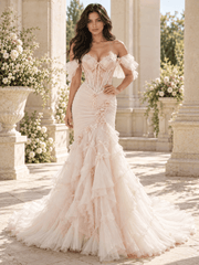 Blush Off-the-Shoulder Ruffle Sleeves Tulle Mermaid Wedding Dress