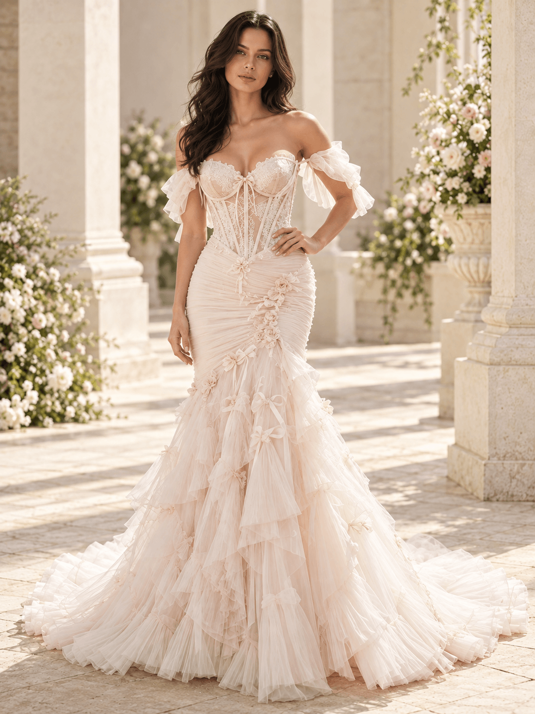 Blush Off-the-Shoulder Ruffle Sleeves Tulle Mermaid Wedding Dress
