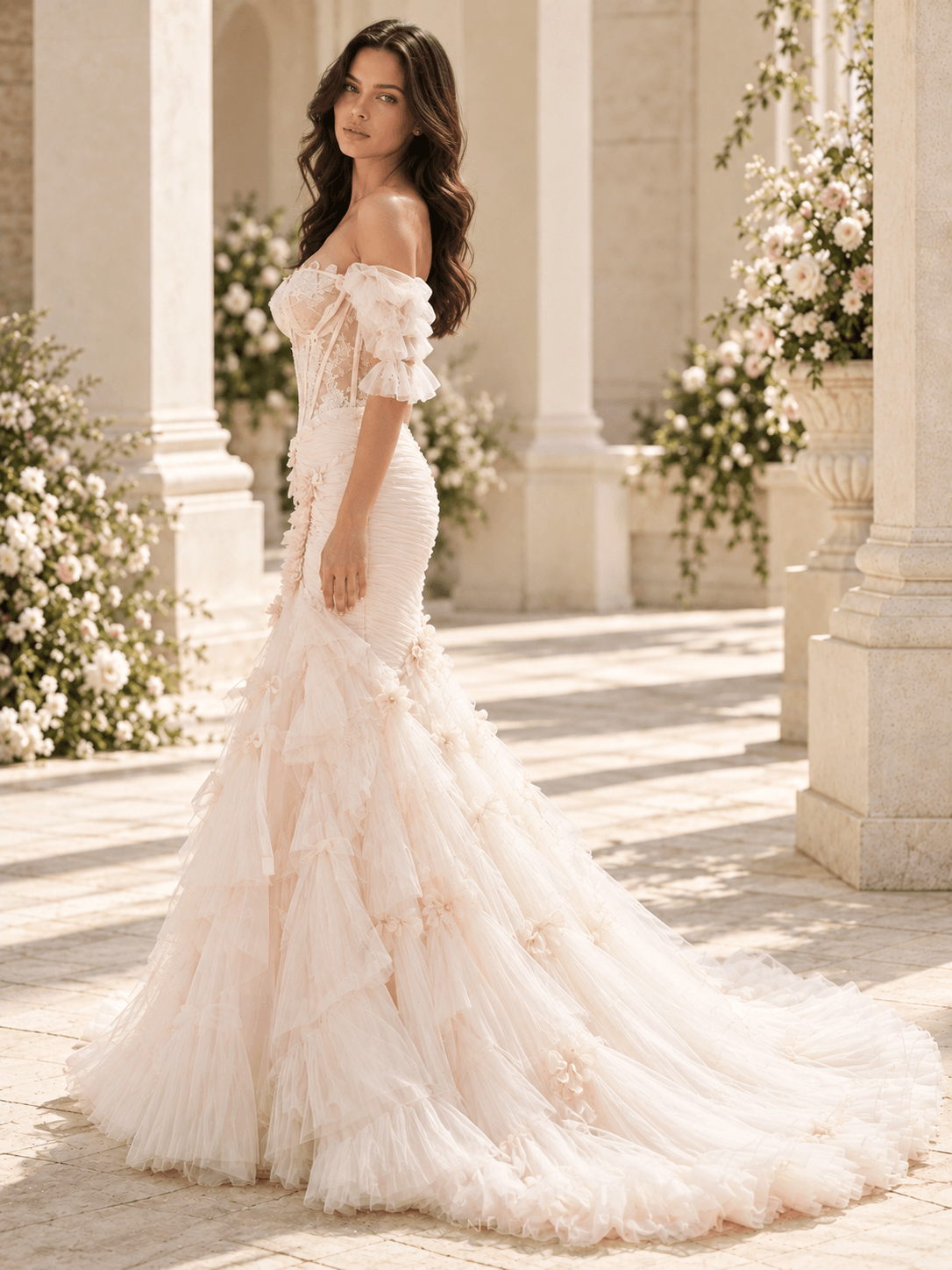 Blush Off-the-Shoulder Ruffle Sleeves Tulle Mermaid Wedding Dress