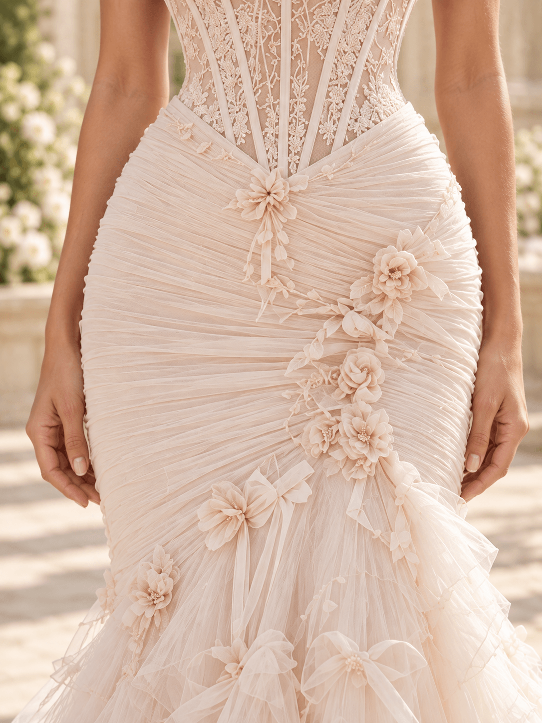 Blush Off-the-Shoulder Ruffle Sleeves Tulle Mermaid Wedding Dress