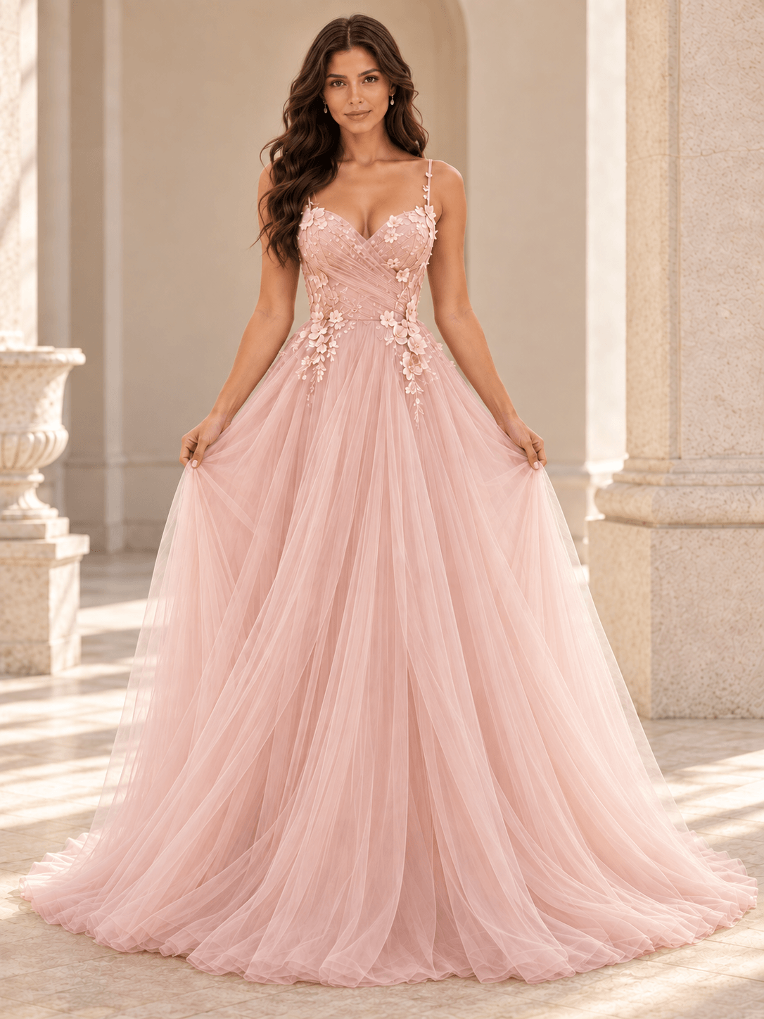 Blush Pink Spaghetti Straps Floral Appliqué Tulle Wedding Dress