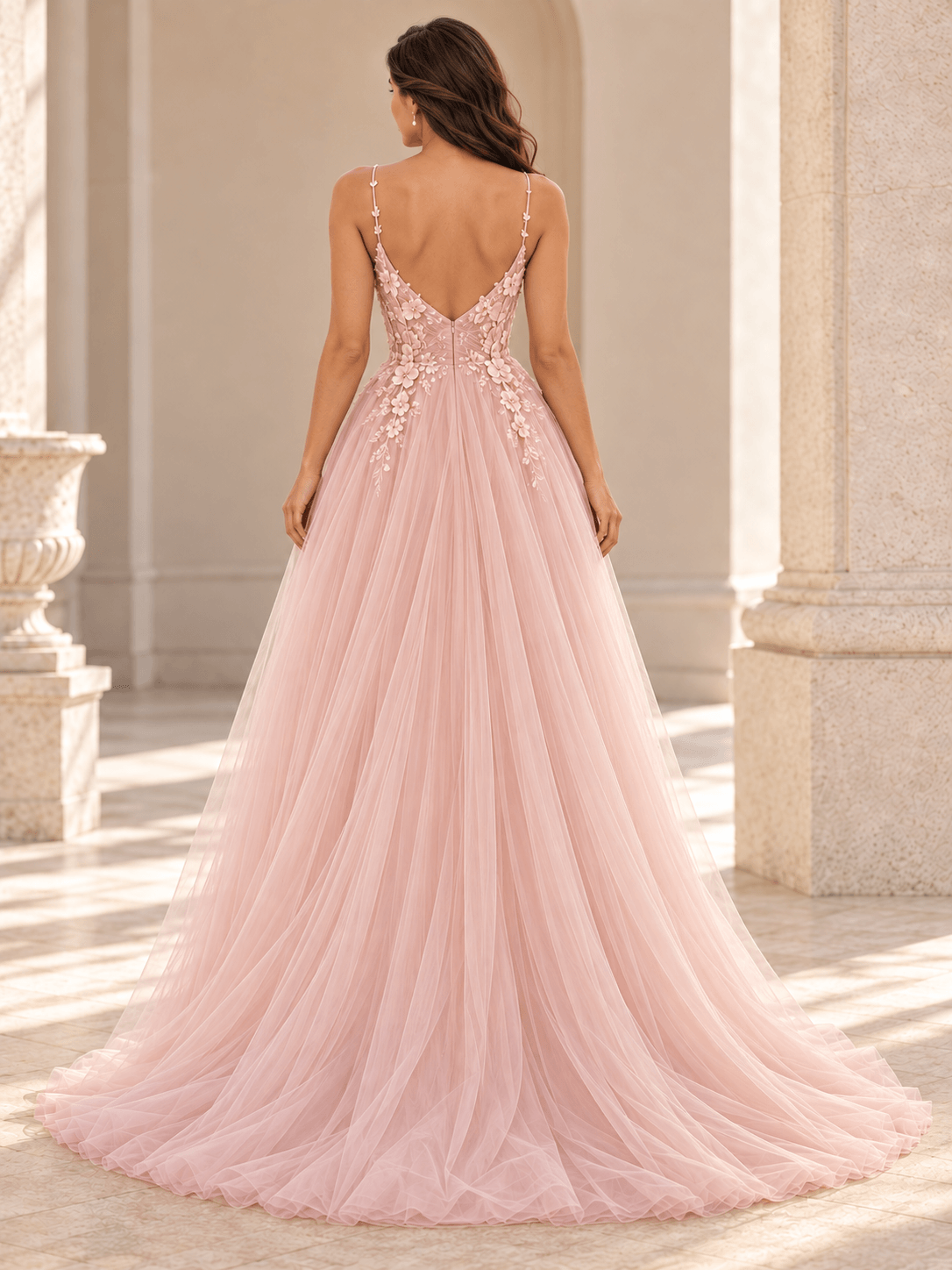 Blush Pink Spaghetti Straps Floral Appliqué Tulle Wedding Dress