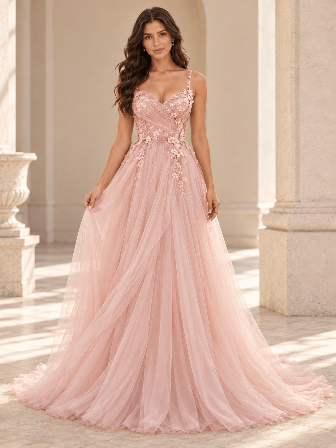 Blush Pink Spaghetti Straps Floral Appliqué Tulle Wedding Dress