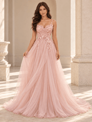 Blush Pink Spaghetti Straps Floral Appliqué Tulle Wedding Dress