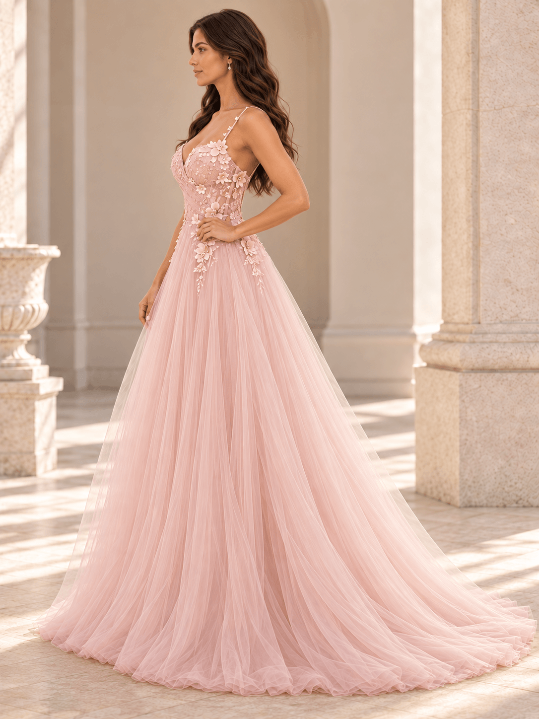 Blush Pink Spaghetti Straps Floral Appliqué Tulle Wedding Dress