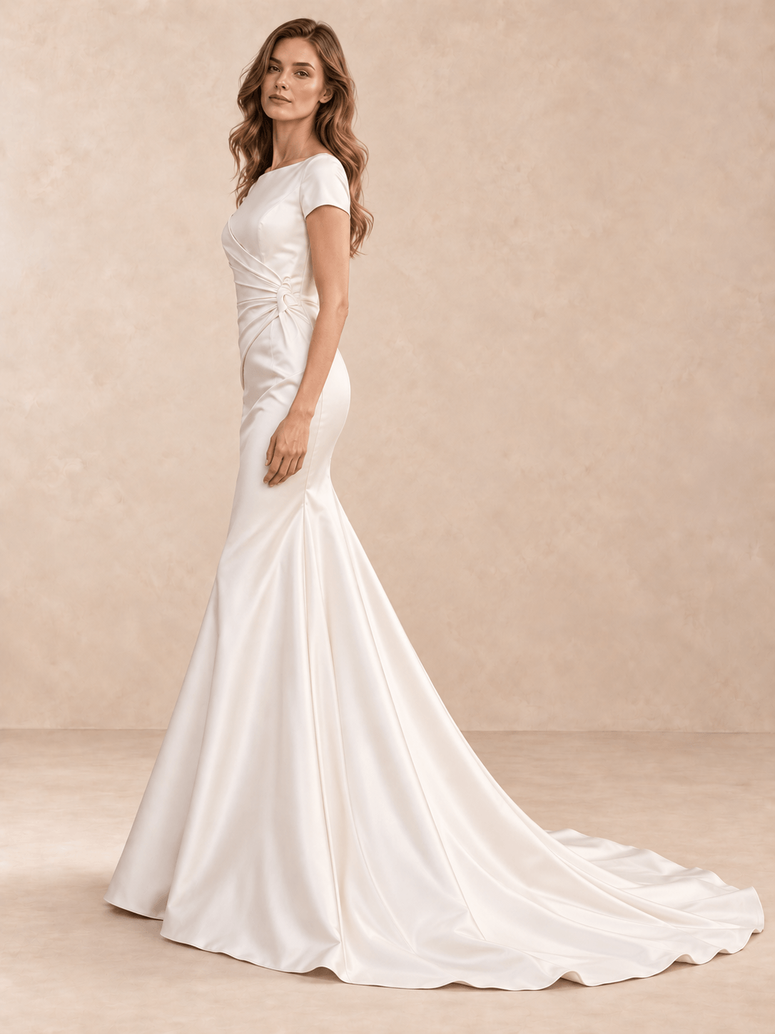Boat Neck Short Sleeves Satin Mermaid Wedding Dress with Sweep Train
