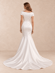 Boat Neck Short Sleeves Satin Mermaid Wedding Dress with Sweep Train