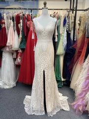 Champagne V-Neck Lace Mermaid Wedding Dress with Chapel Train