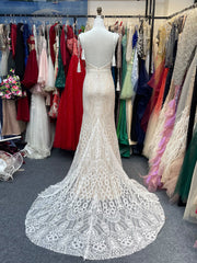 Champagne V-Neck Lace Mermaid Wedding Dress with Chapel Train