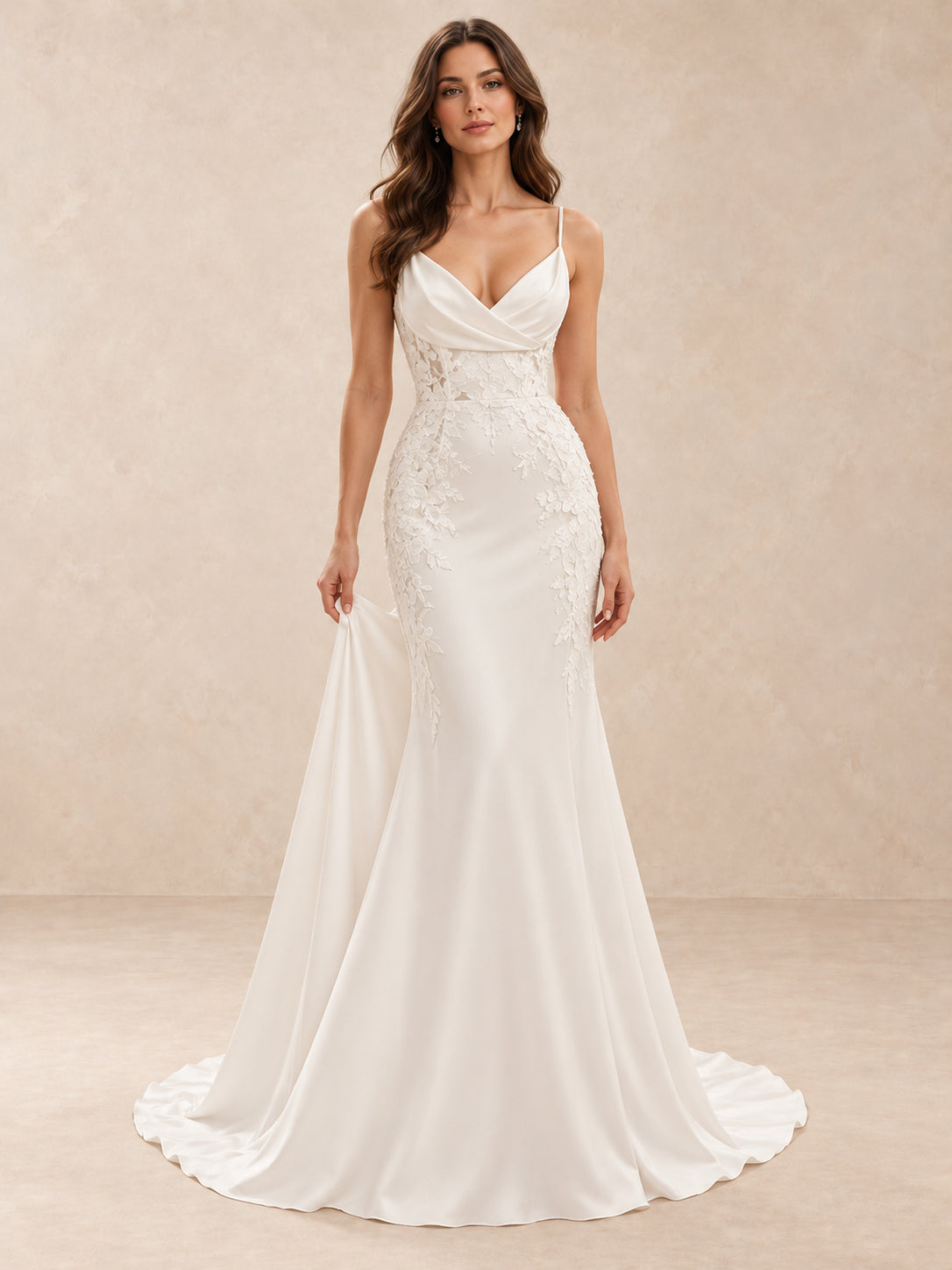 Cowl V-Neck Satin and Lace Trumpet Wedding Dress with Sweep Train