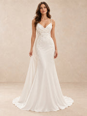 Cowl V-Neck Satin and Lace Trumpet Wedding Dress with Sweep Train